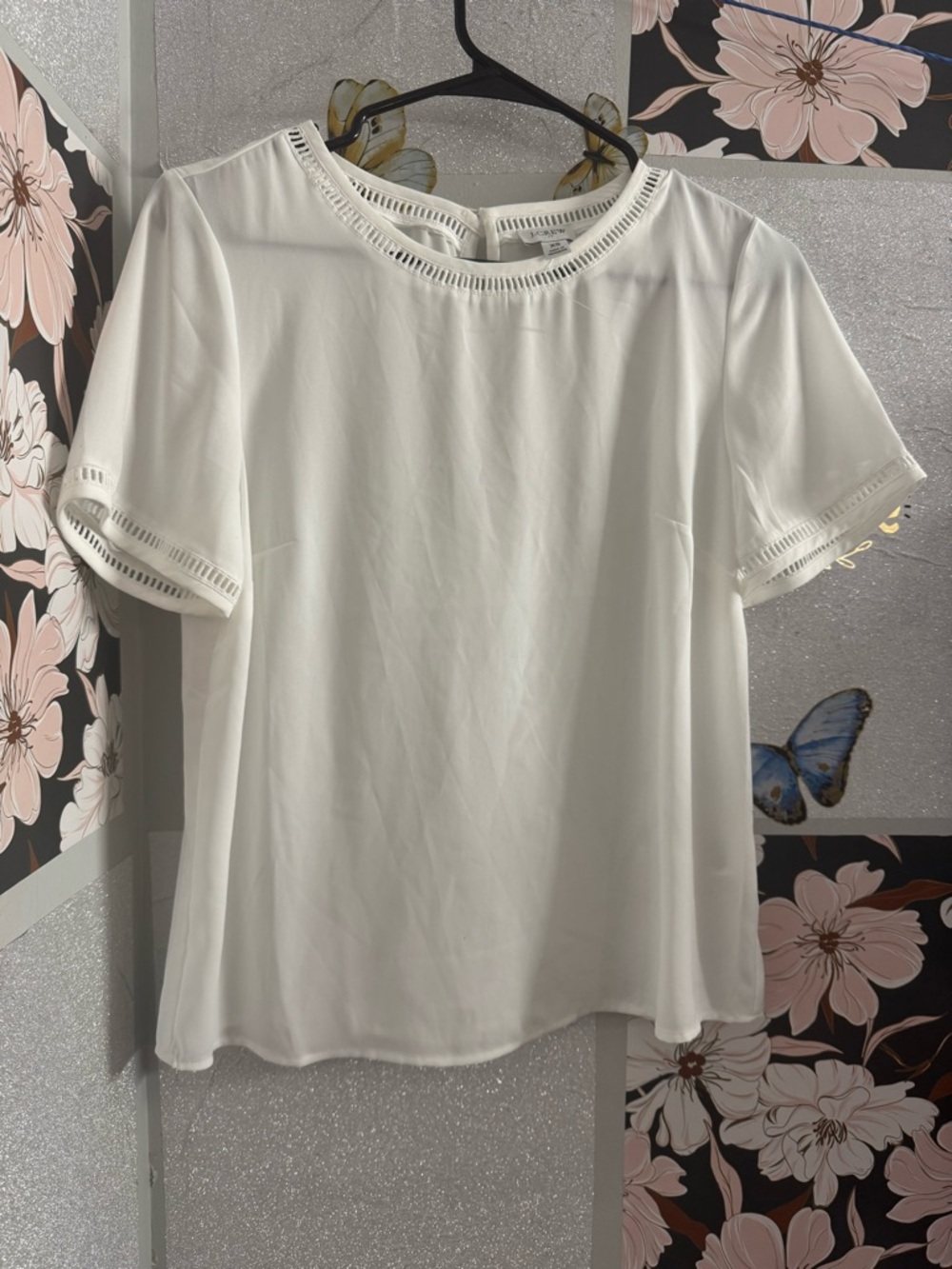 J. Crew White Short Sleeve Blouse with Eyelet Trim